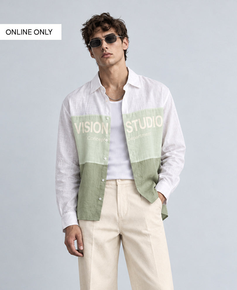 Green Colourblocked Printed Shirt