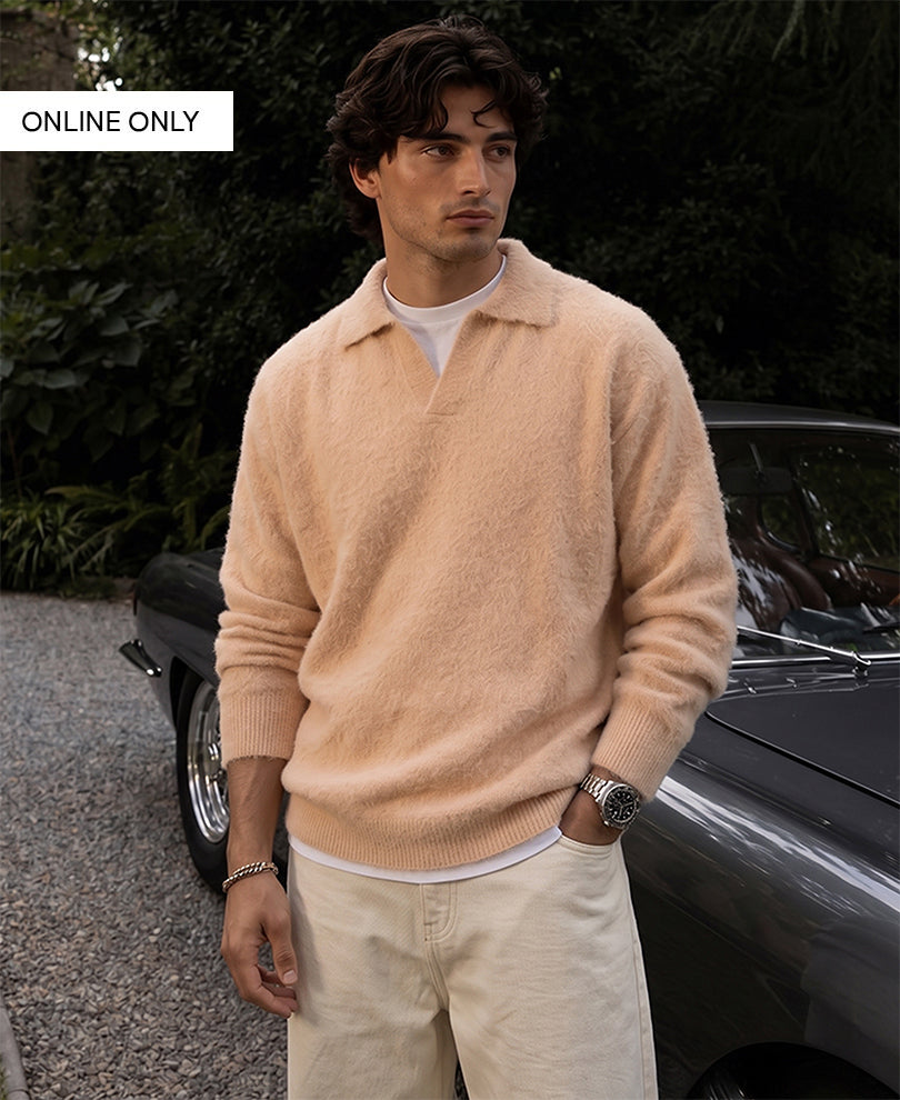 Beige Fuzzy Polo Neck Sweater