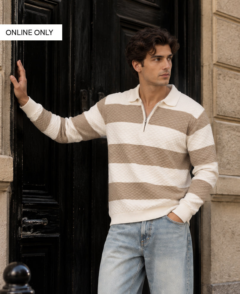 Beige Structured Knit Stripe T-Shirt 100% Cotton