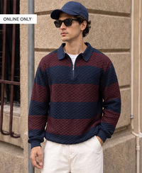 Wine & Navy Knitted Stripe T-Shirt 100% Cotton