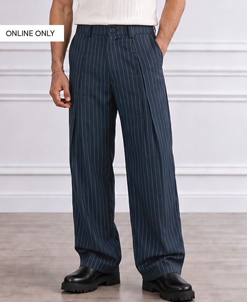 Navy Pleated Tailored Trousers