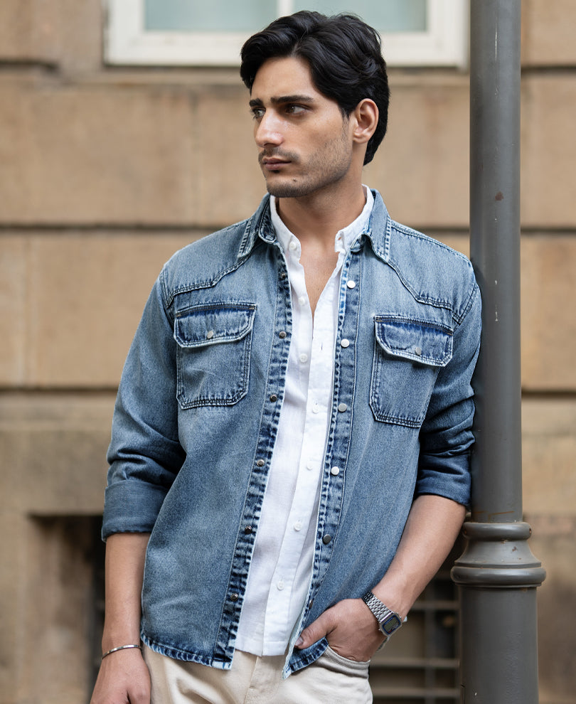 Mid Blue Denim Overshirt.