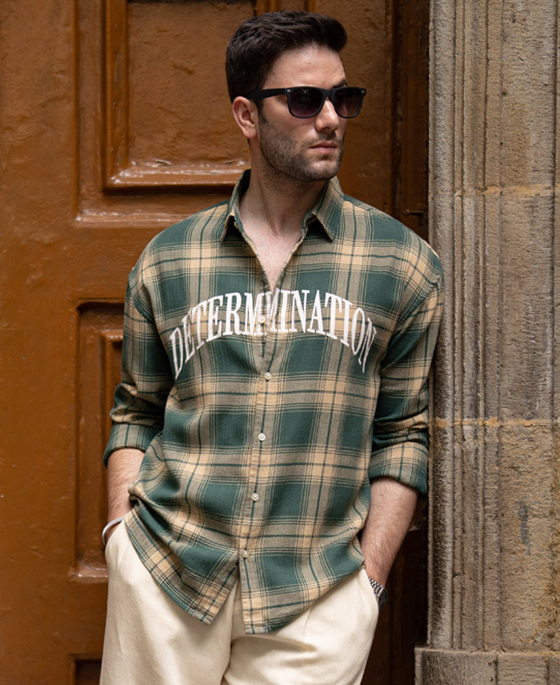 Green Printed Checks Shirt 100% Cotton