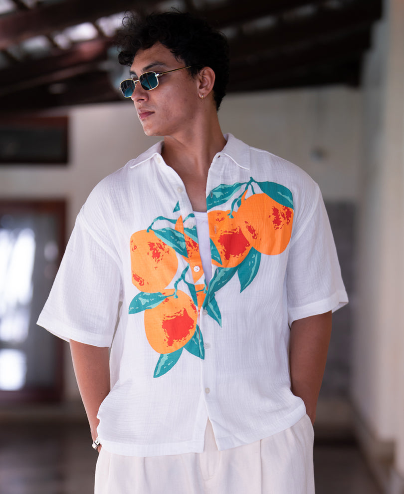 White Tangerine Print Shirt 100% Cotton