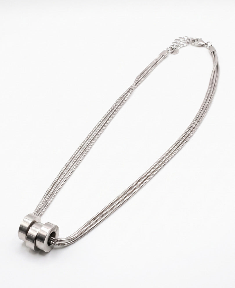 Triple Layer Silver Ring Pendant Necklace