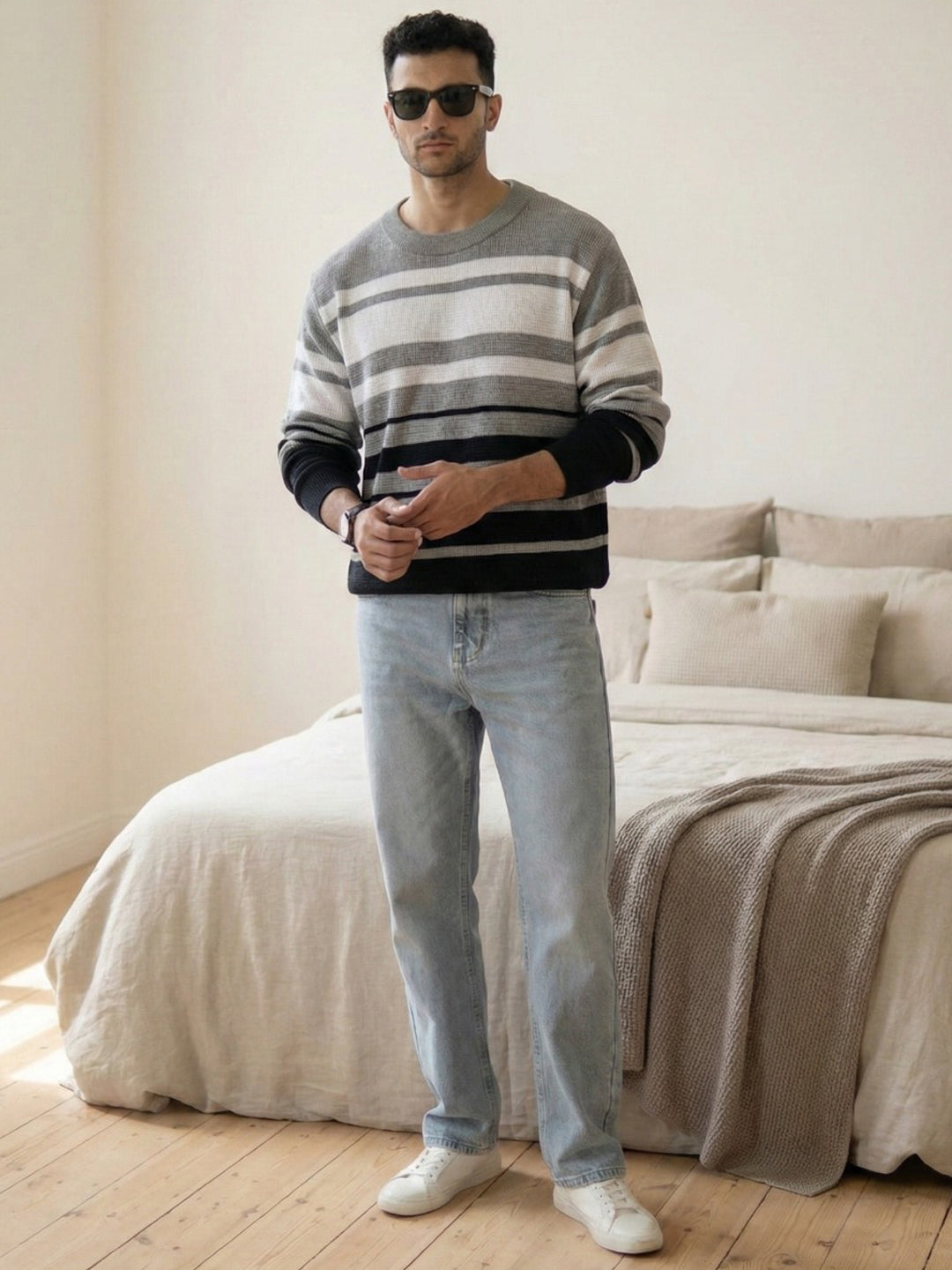 Grey And Black Structured Striped T-Shirt.