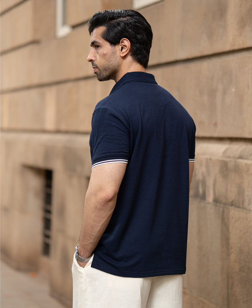 Navy Structured Knit Polo T-Shirt