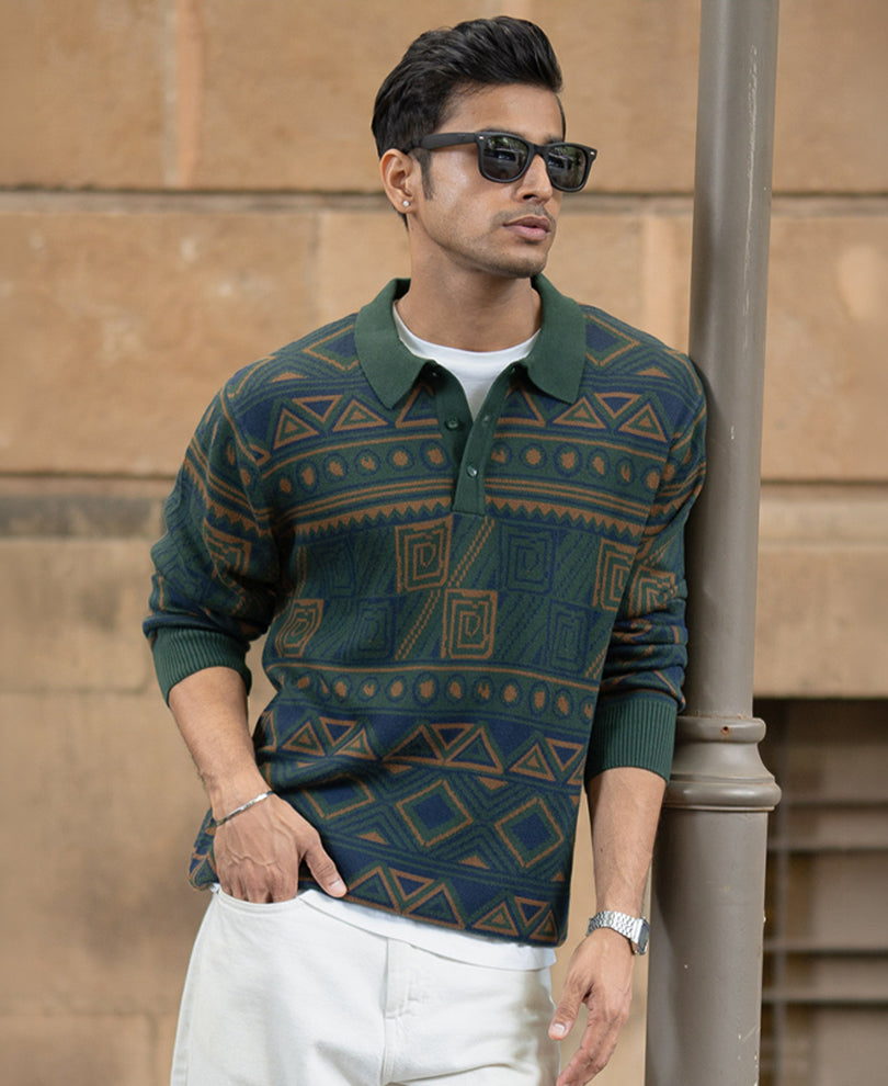 Multicolour Geometric Jacquard Knit T-Shirt 100% Cotton