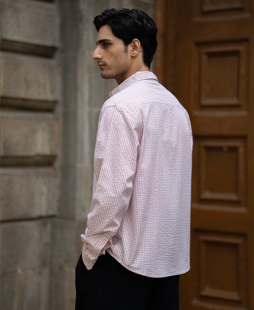 Peach Embroidered Seersucker Check Shirt 100% Cotton