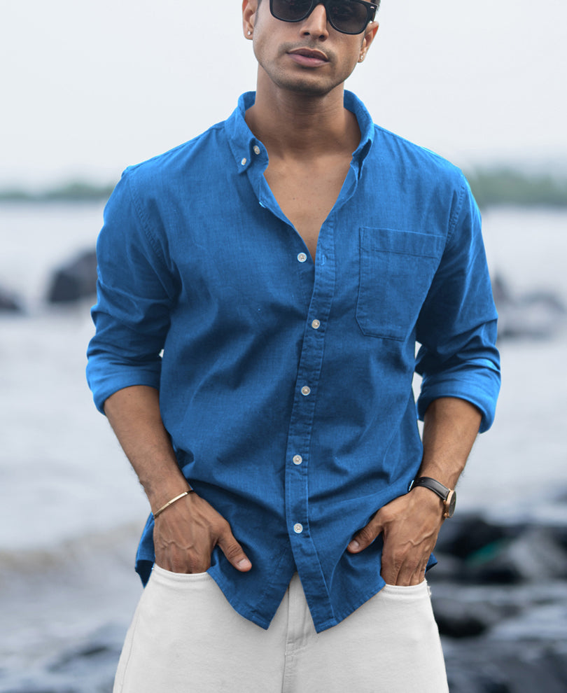 Cerulean Blue Linen Blend Shirt.