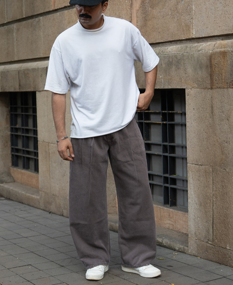 Brown Pleated Washed Barrel Jeans
