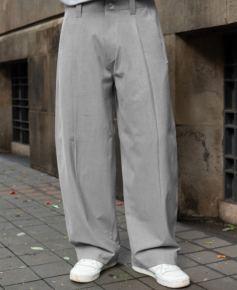 Grey Pleated Barrel Fit Trousers