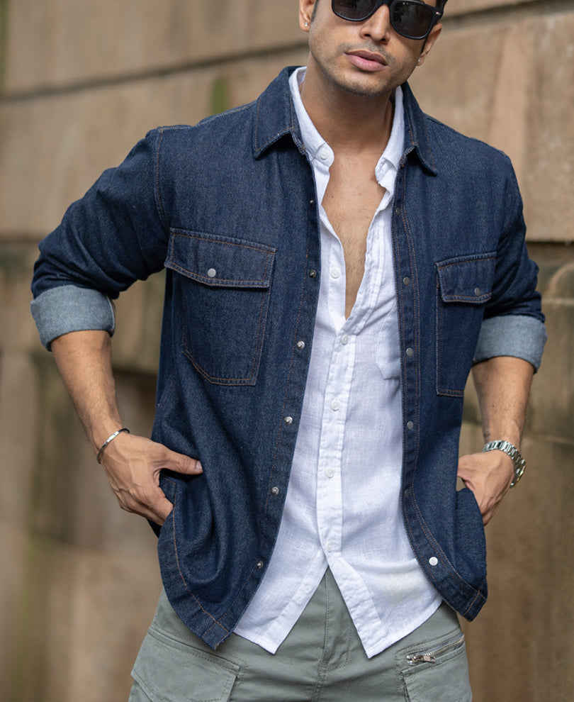 Indigo Denim Overshirt With Pockets.