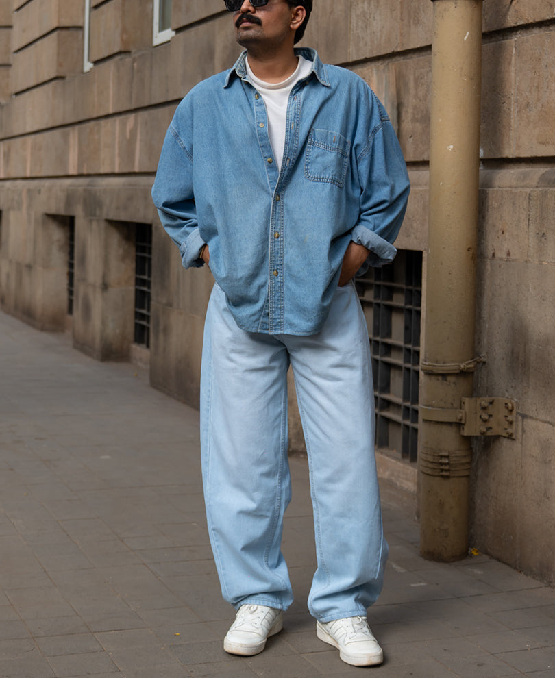 Ice Blue Washed Barrel Jeans - 28 / Blue Ice Wash Denim Pants 