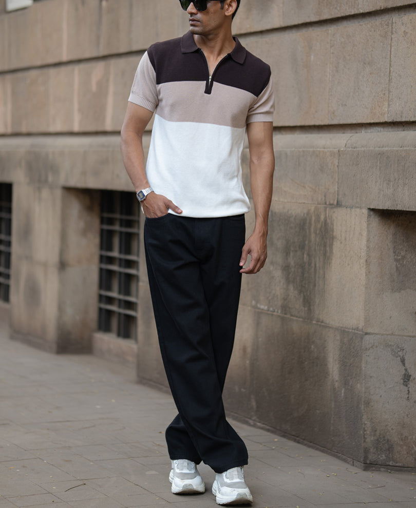 Beige & Brown Knit Stripe T-Shirt.