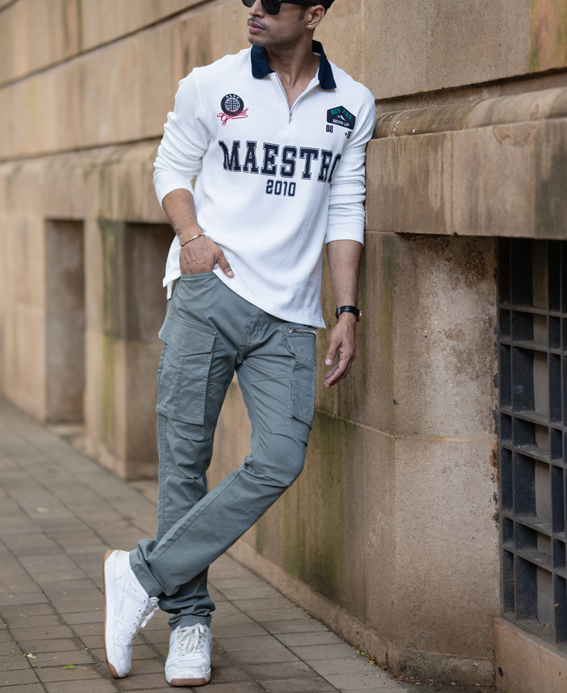 White Structured Printed T-Shirt.