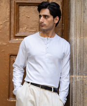 White Rib Knit Henley T-Shirt 100% Cotton