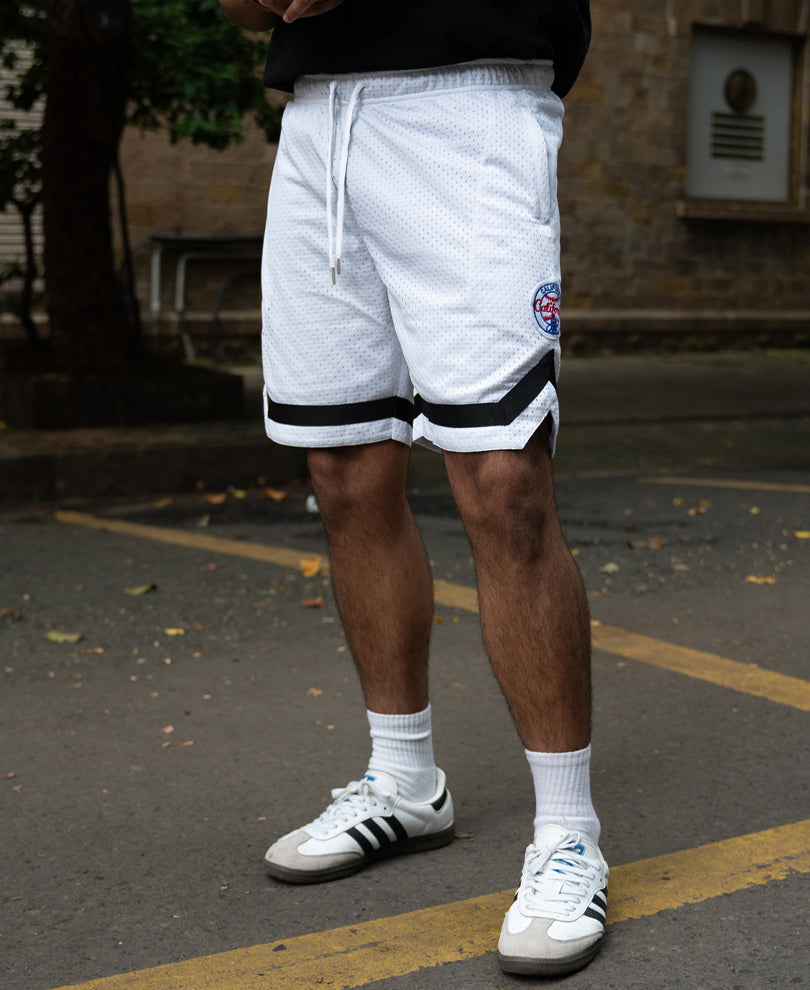 White Embroidered Mesh Basketball Shorts.