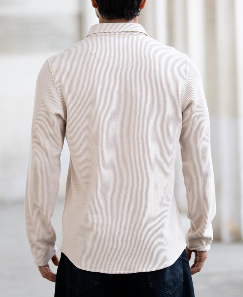 Beige Corduroy Regular Fit Full Sleeves T-Shirt.