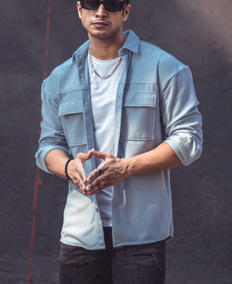 Sky Blue Chest Pocket Oversize Drop Shoulder Shirt.