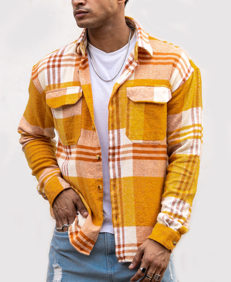 Mustard Pocket Checks Oversize Drop Shoulder Shirt.