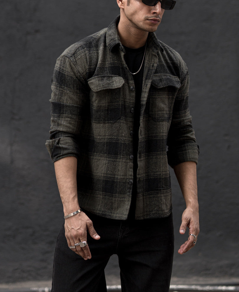 Olive Green Pocket Checked Oversize Drop Shoulder Shirt.