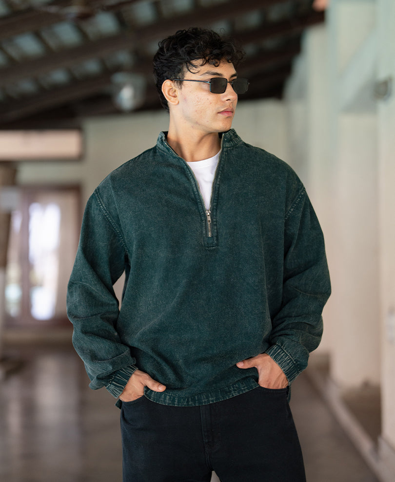 Teal Washed Denim Zipper Shirt