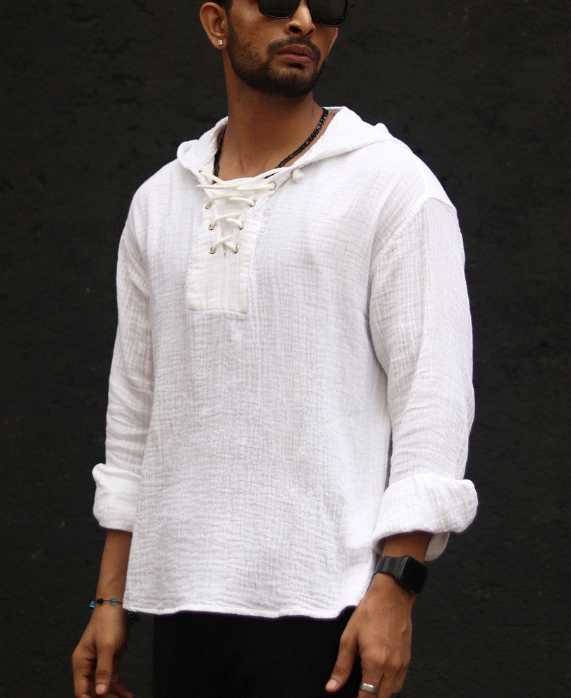 White Hoodie Oversize Drop Shoulder Shirt.