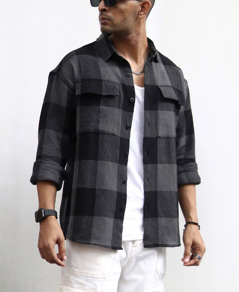 Charcoal Black Checks Structured Oversize Drop Shoulder Shirt.