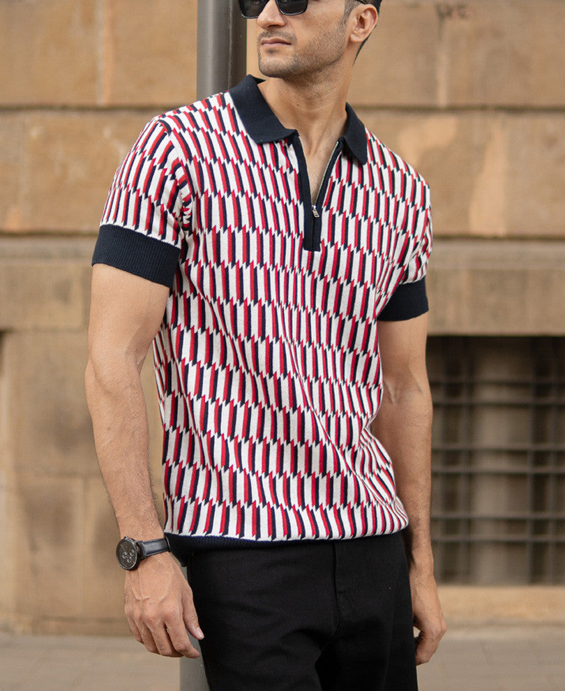 Multicolour Jacquard Knit Polo T-Shirt.
