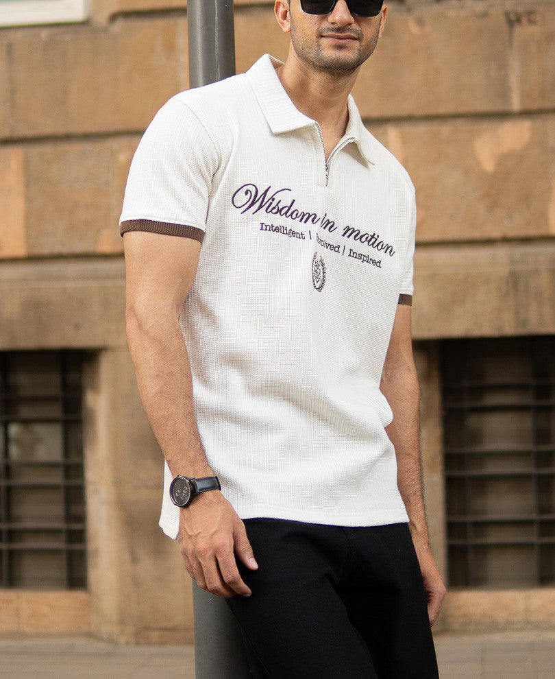 Off-White Bamboo Cord Regular Fit Half Sleeves T-Shirt.