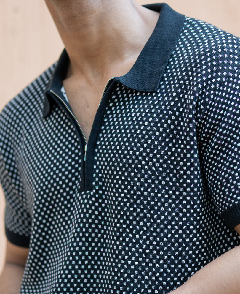 Black Jacquard Knit Polo T-Shirt.