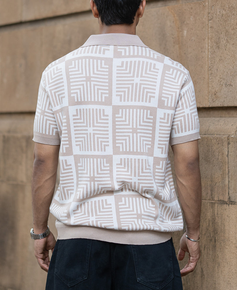 Beige Geometric Jacquard T-Shirt.