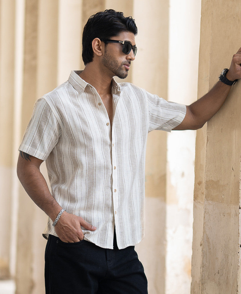 Beige Structured Stripe Shirt.