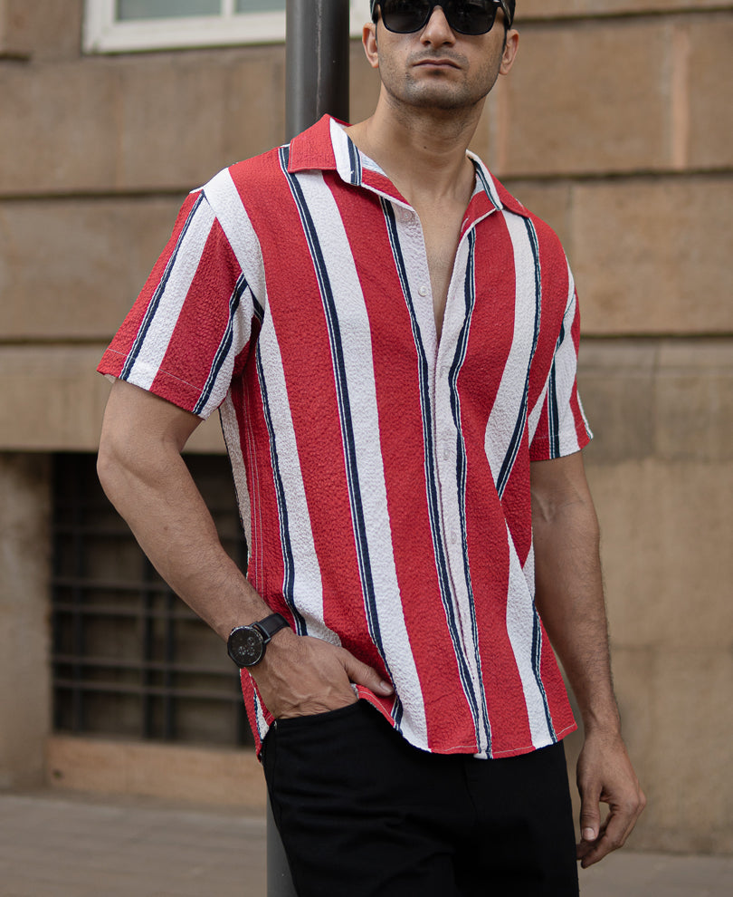 Red Textured Stripe Shirt.