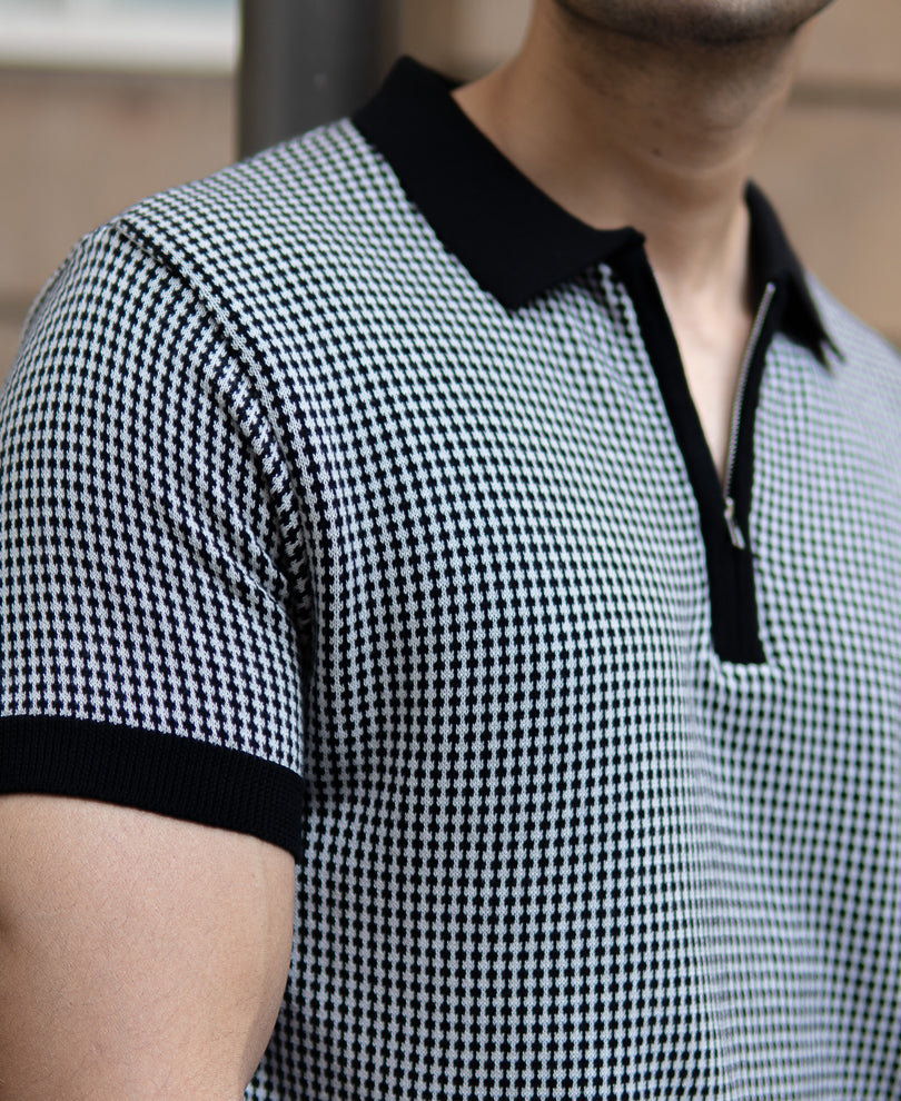 Black And White Knit Polo T-Shirt.