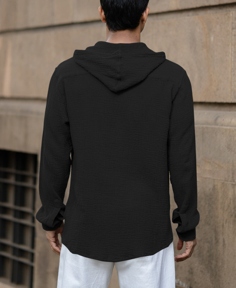 Black Crinkled Hooded Shirt.