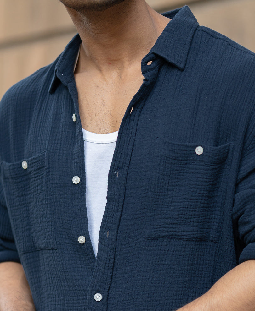 Navy Crinkled Shirt With Pockets.