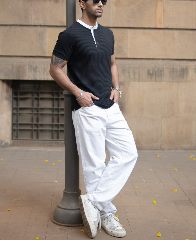 Black Contrast Collar Henley T-Shirt.