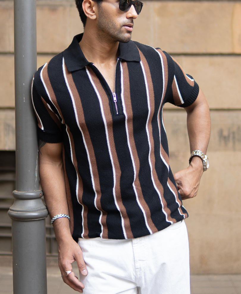 Multicolour Knitted Stripe Zipper T-Shirt.