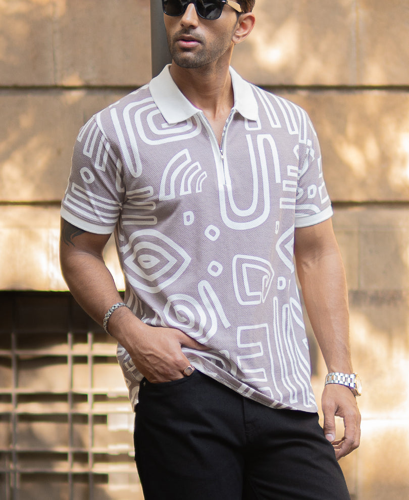 Grey Contrast Printed Polo T-Shirt.