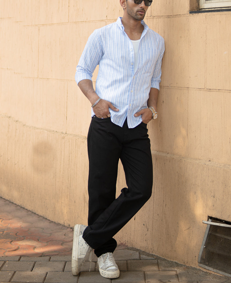 Mid Blue Striped Light Weight Shirt.