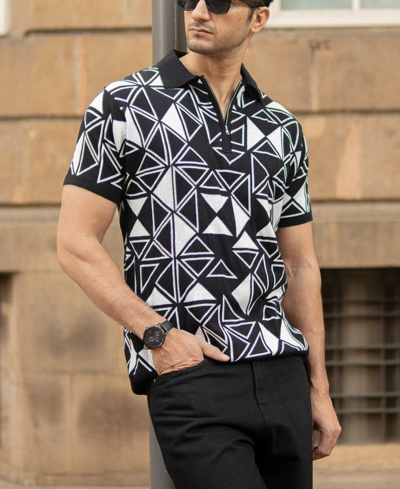 Black Geometric Knit Polo T-Shirt.