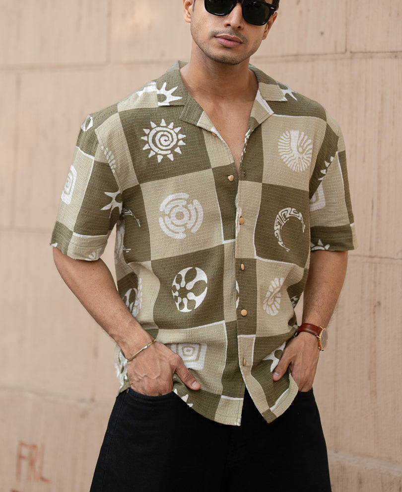 Green Structured Cuban Printed Shirt.