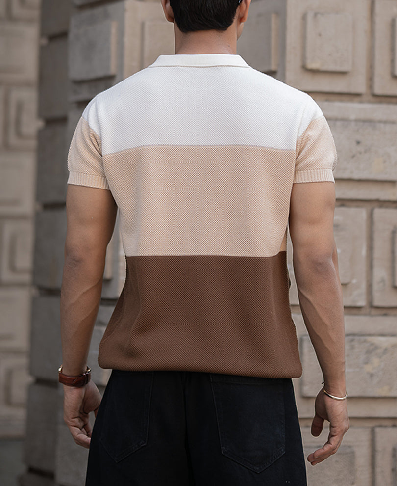 Earthy Stripe Zipper Polo T-Shirt.