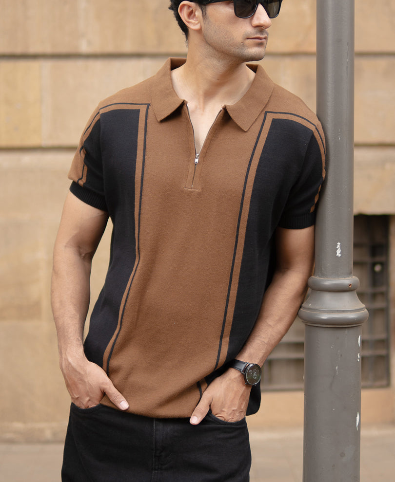 Brown And Black Panelled T-Shirt.