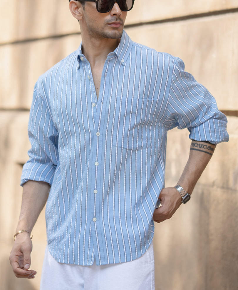 Blue Seersucker Stripe Shirt.