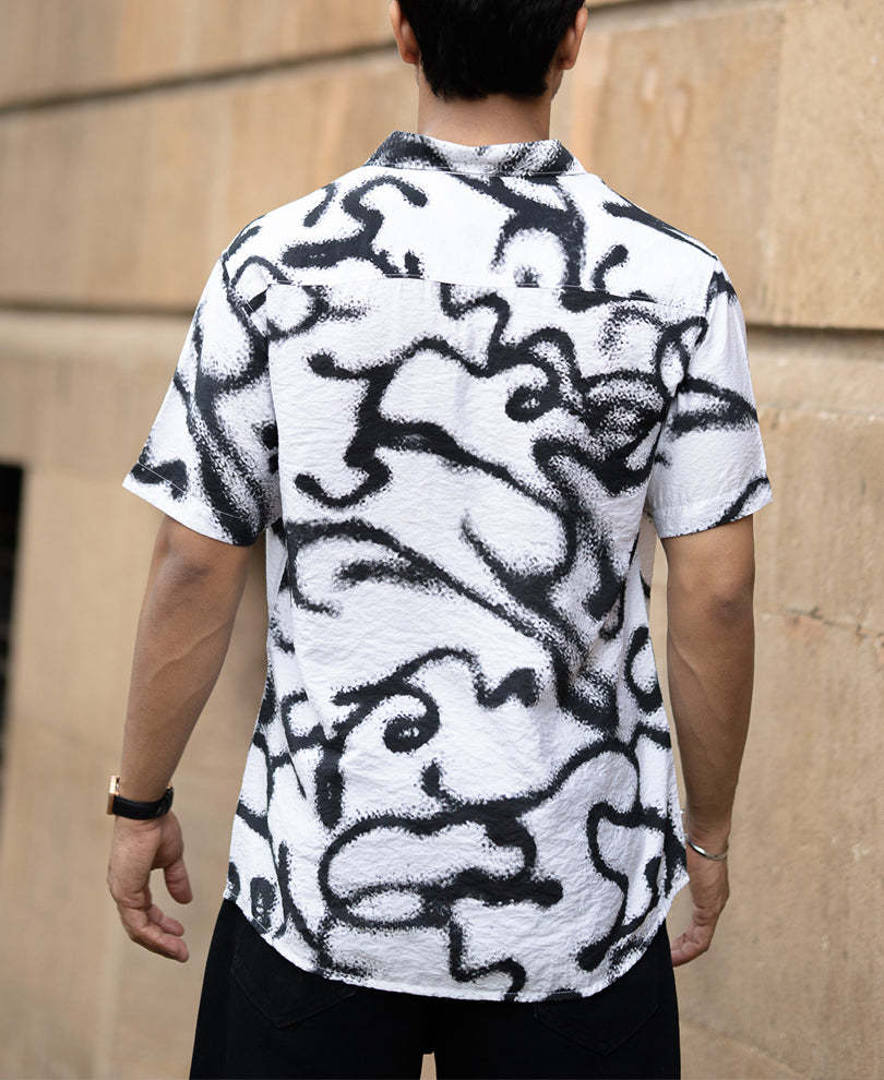 White Cuban Printed Flowy Shirt.