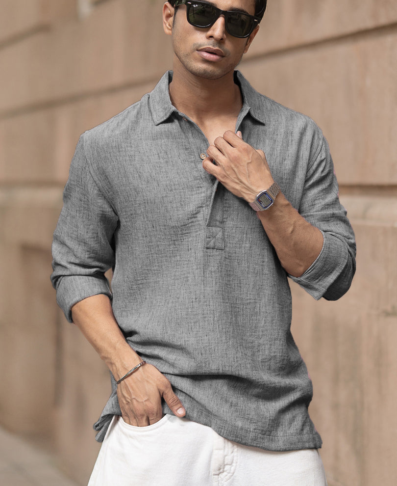 Dark Grey Slub Kurta Shirt.