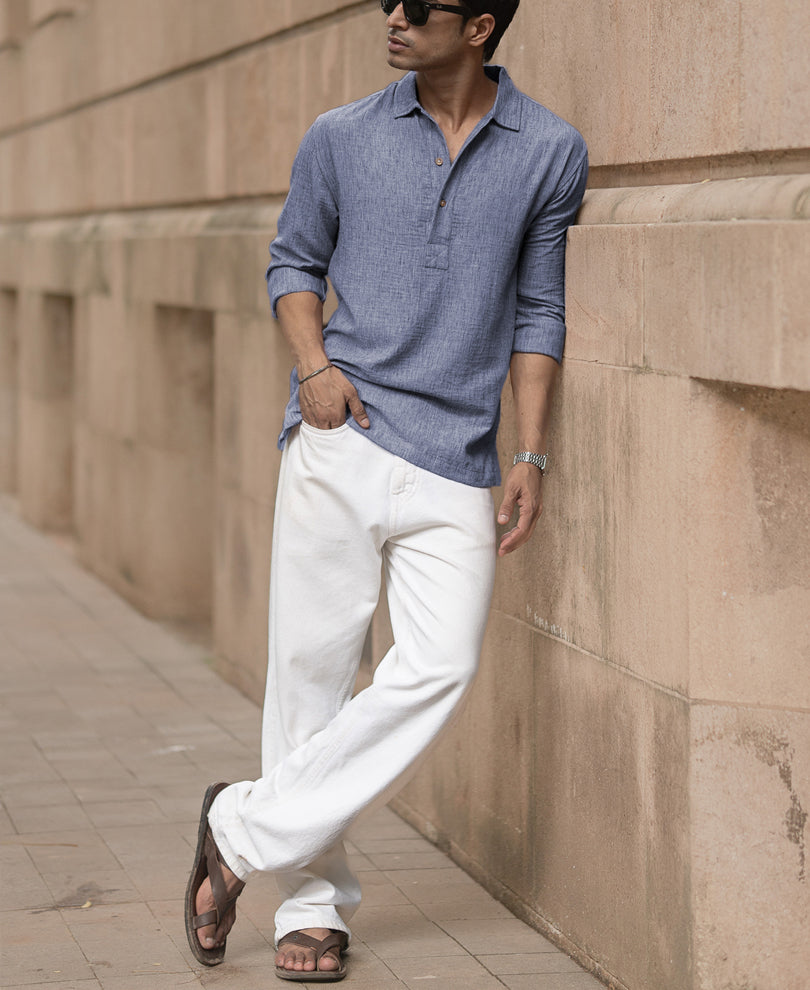 Blue Slub Kurta Shirt.